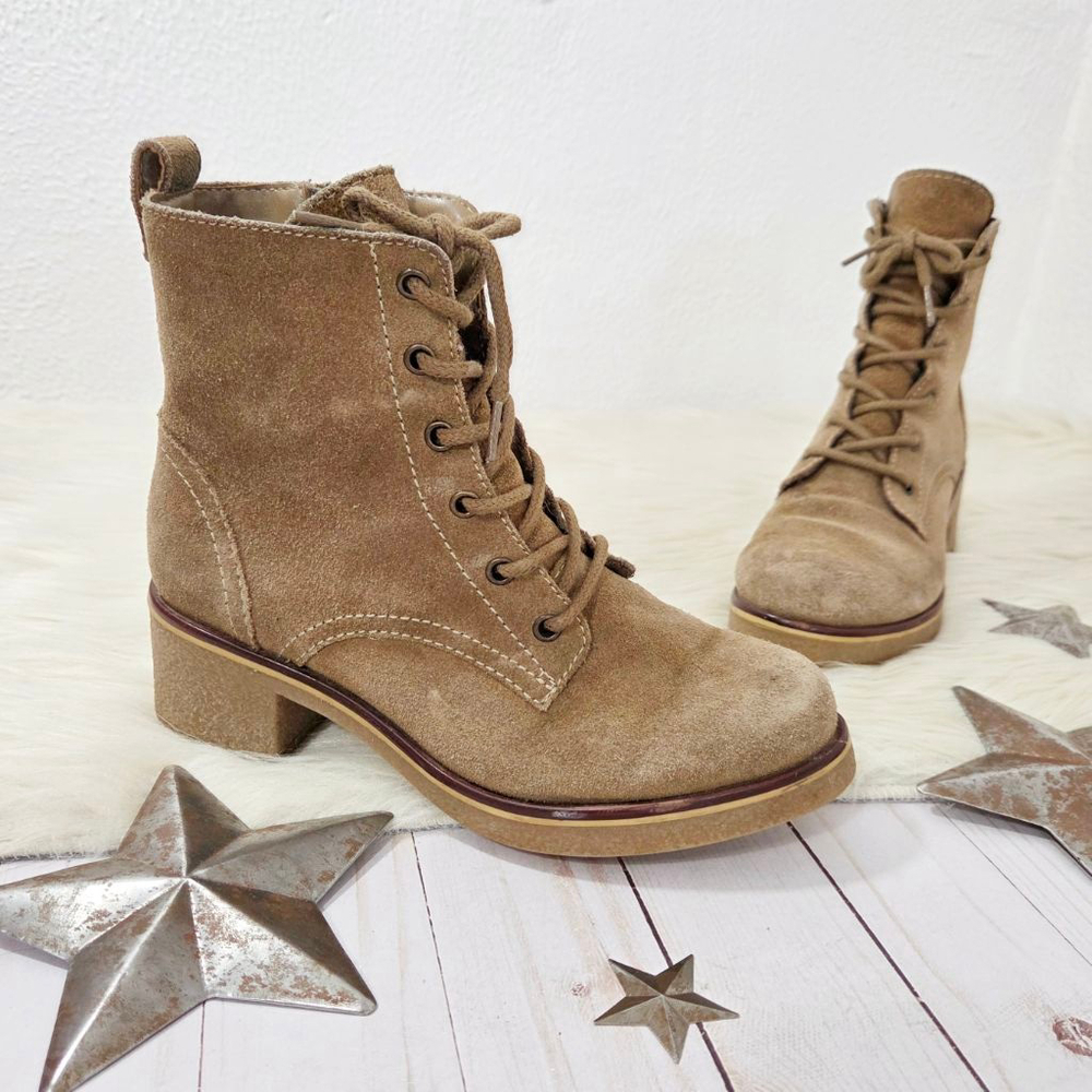 Blondo Lena lace-up waterproof boots Mushroom taupe tan suede leather womens 7.5